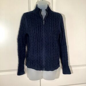 LL Bean Zip Sweater Women's Size Medium 100% Cotton Cable Knit Blue Collar